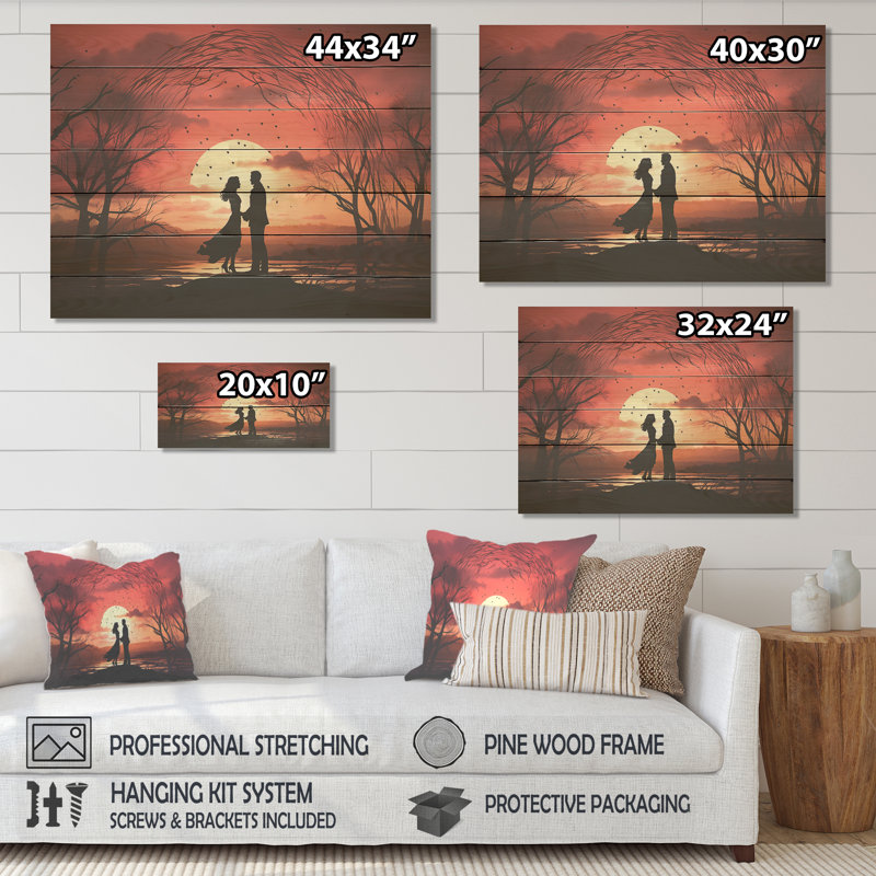 Couple romantique rouge amoureux au lever du soleil - Paysage romantique sur bois, H 34 po x l 44 po x P 0,78 po