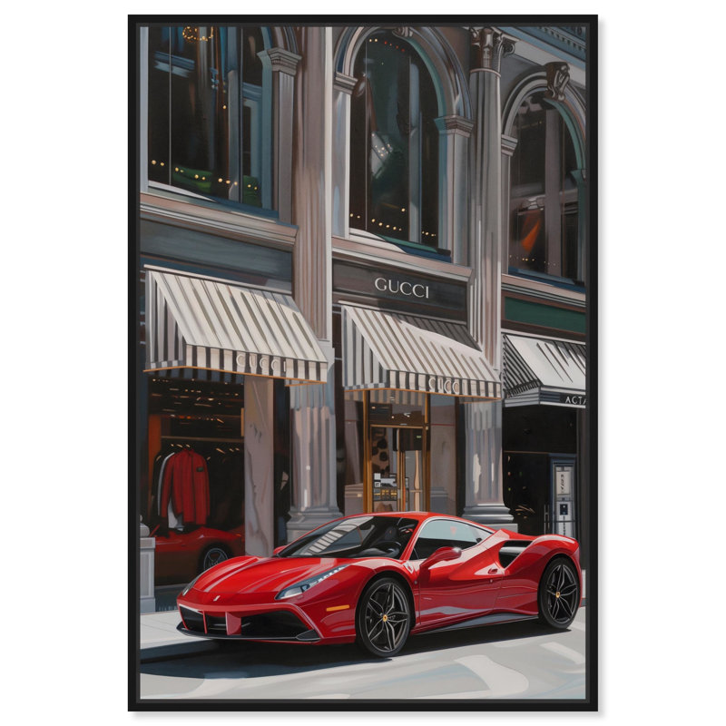 Red Car Parked Out , Cadre flottant noir, H 16 po x l 11 po