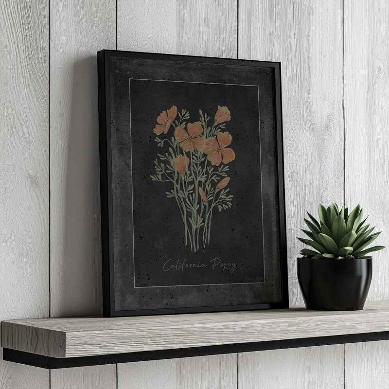 «Poppy Botanical on Black» par Cindy Jacobs, reproduction d'art, L 18 po x H 24 po, Doré, Impression encadrée
