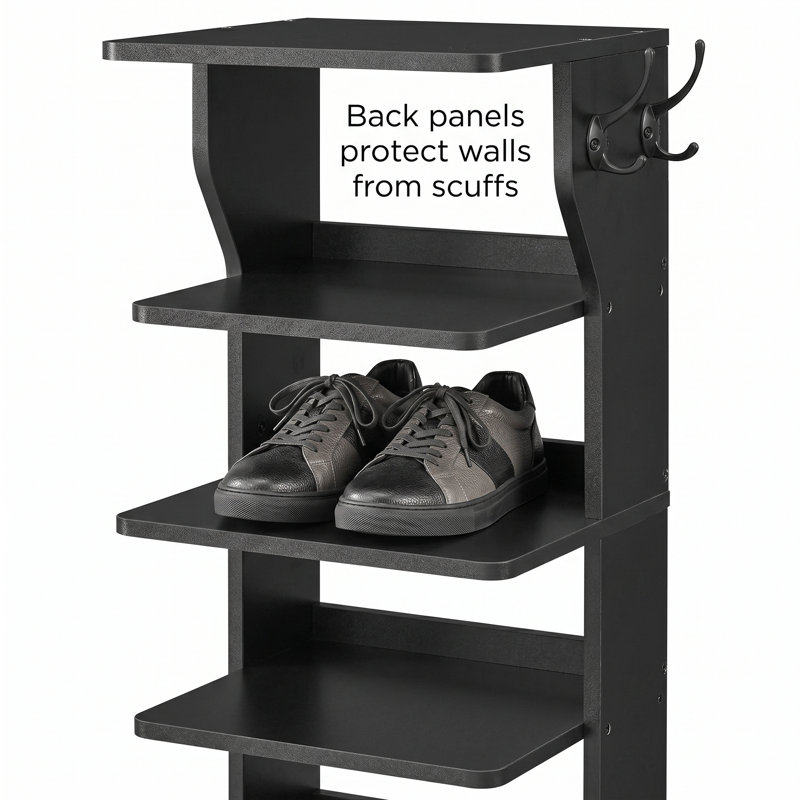 7-Tier 7 Pairs Vertical Shoe Rack, Narrow Shoe Storage Organizer with Hooks, 43.5" H x 10.4" W x 11.8" D, Black
