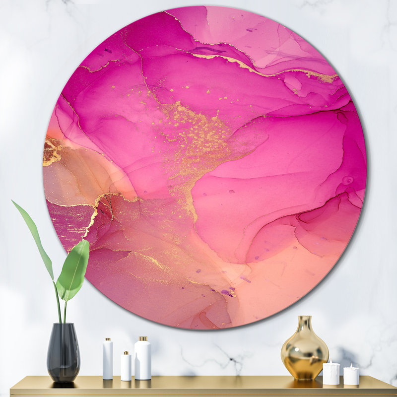 «Pink and Gold Ink Clouds» - art mural moderne en métal, H 23 po x l 23 po x P 1 po