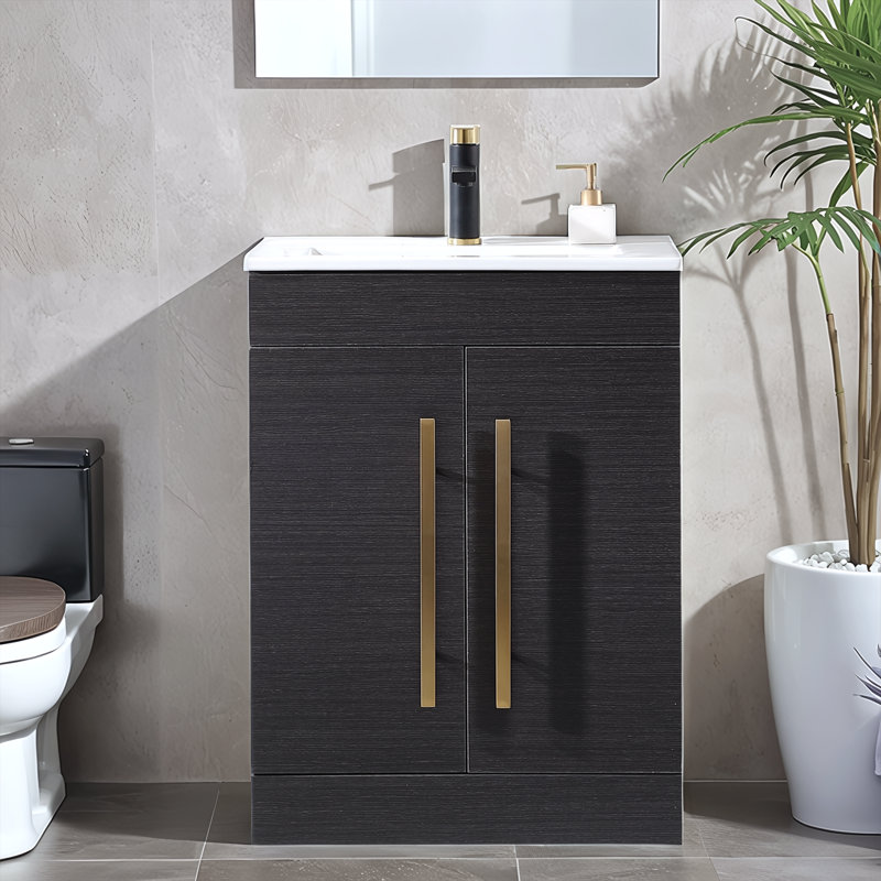 24'' Modern Free-Standing 2-Doors Single Bathroom Vanity With Ceramic Top, Black, Brushed Gold