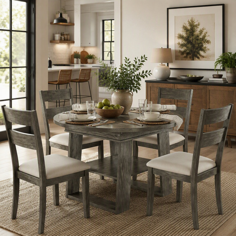 43.3"-59" Extendable Round Dining Table,Round-to-Oval Kitchen Table with Built-In Flip-Up Extension Leaf