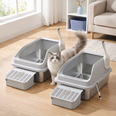 2 Pack Stainless Steel Cat Litter Boxes With Open Top, High Sided Litter Trays With Step, Scoop, Brush, For Cats Up To 33 Lb