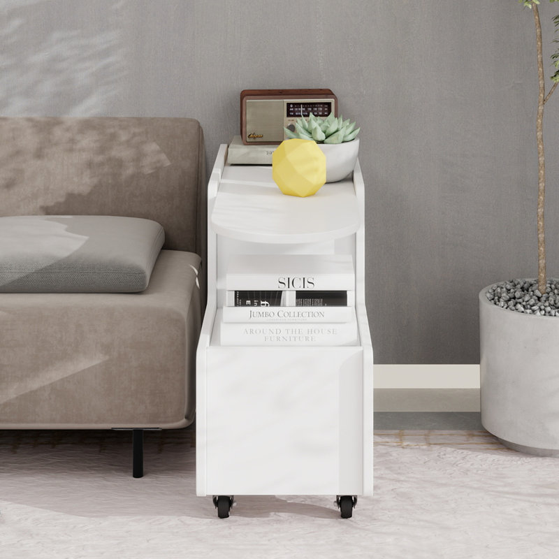 Table de bout mobile avec roues verrouillables, table d'appoint de style crème avec tiroir de rangement, table de chevet étroite de 11,8 pouces avec rangement multicouche, salon, blanc
