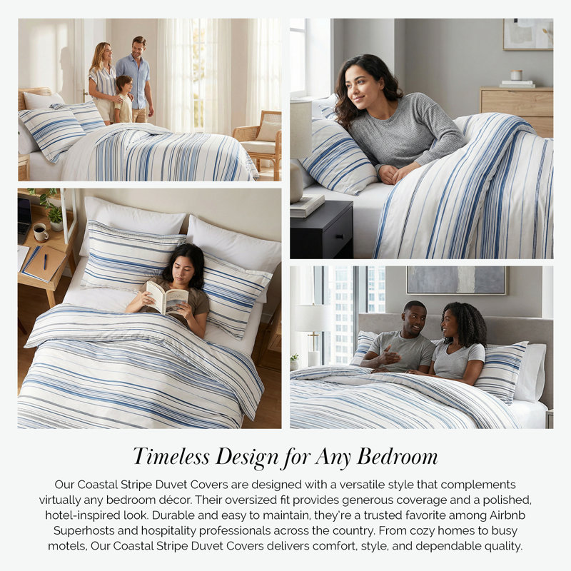Southshore Fine Linens Coastal Stripes Blue Full/Queen 3-Piece Coastal Duvet Cover Set with 2 Standard Shams, Zipper Closure & Corner Ties