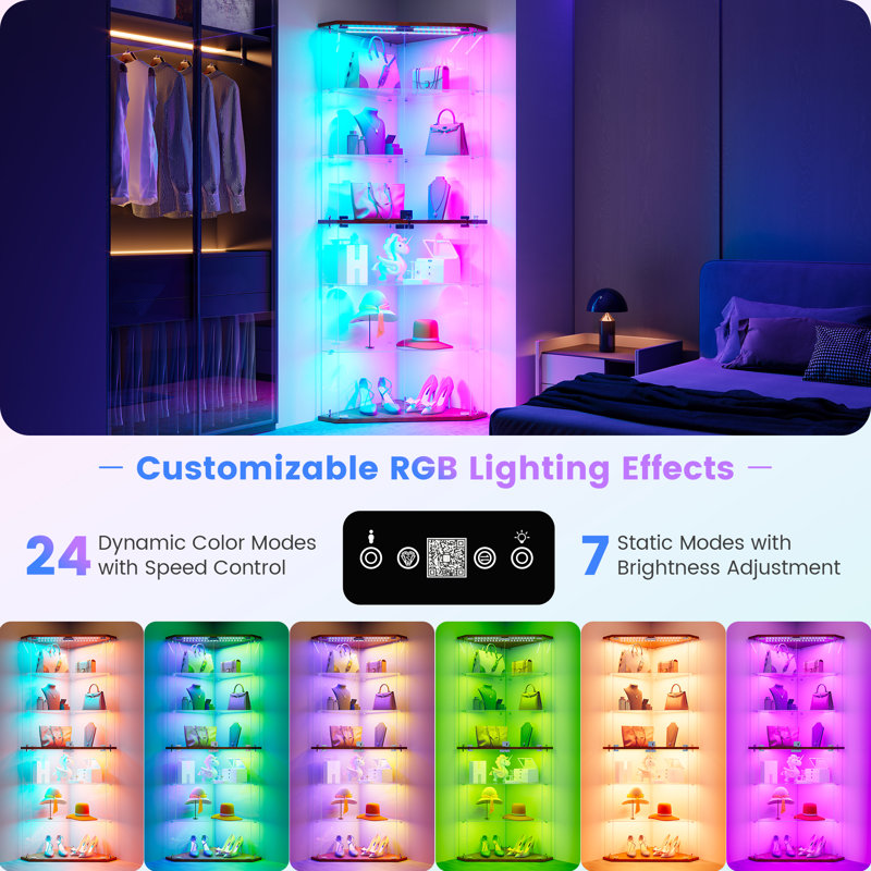 6-Tier Corner Display Cabinet with Glass Doors, RGB Lights, Solid Wood Panels & Lockable Storage, Browm