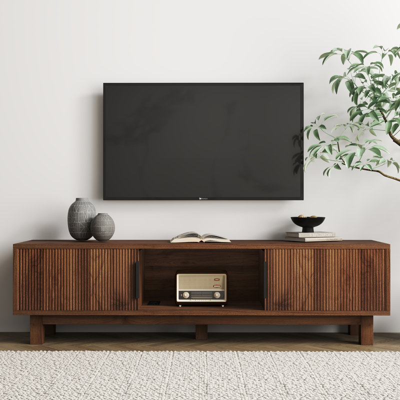  59"W Fluted TV Stands For Tvs Up To 65" With Power Outlets & Storage Compartments, Medium Wood