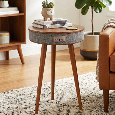 Modern Round Nightstand With Bluetooth Speaker, Wireless Charge, Sensor Light, Small End Table