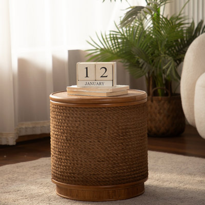 Table basse ronde en rotin avec rangement amovible, garniture en corde de chanvre tissée à la main, style boho-chic, parfaite pour les salons confortables et les espaces compacts
