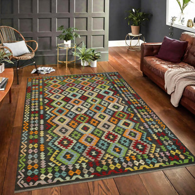 Tapis géométrique noir / rouge / orange en laine tissé à la main de 6 pi 8 po x 9 pi 9 po Kemma