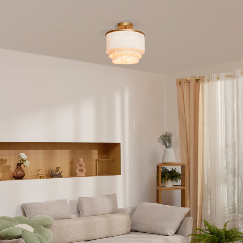 Plafonnier encastré or mat 1 lumière Novogratz X Globe Janis avec frange en tissu blanc