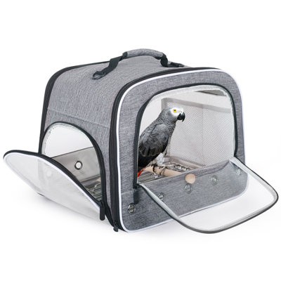 Large Bird Travel Carrier Cage with Clear Windows, Perch Stand Metal Tray and Grate to Carry African Grey Parrot, Grey