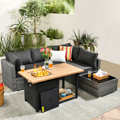 4 - Person Patio Furniture Set With Coffee Table, Outdoor Wicker Rattan Sectional Seating Group With Cushions, All Weather Sofa Conversation Set With Fire Pit Table For Garden Backyard