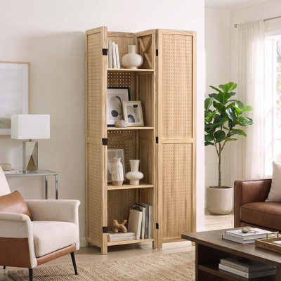4‑Panel Folding Room Divider with Side Storage Shelves, Freestanding Wood Privacy Screen, 2 Decorative Panel Styles for Living Room Bedroom