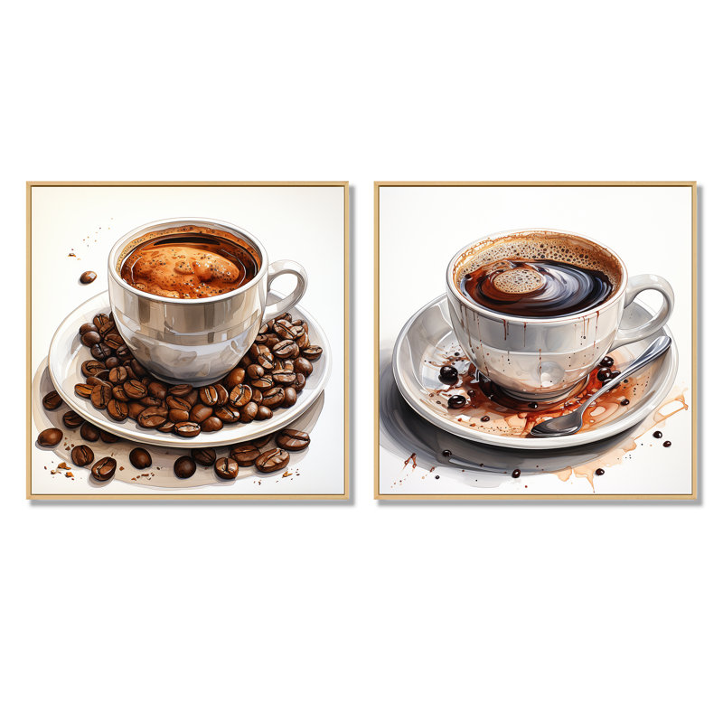 «Brown Coffee Cup Temptation I», ensemble de 2 impressions murales café, H 16 po x l 33 po x P 1 po, Cadre flottant brun