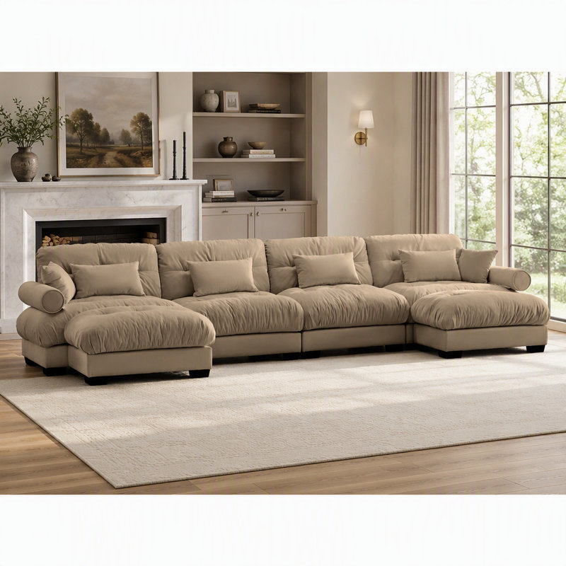 Canapé d'angle en forme de U Cloud Couch avec poufs amovibles, convertible 4 places, profond, moderne, en velours confortable, avec accoudoirs rembourrés, coussin lombaire et coussins décoratifs, couleur camel