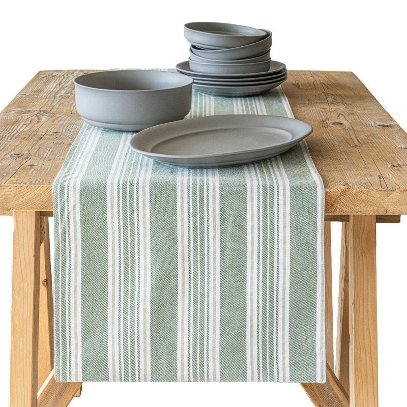 over&back Woven Striped Table Runner, White/Green, 18" W x 108" L
