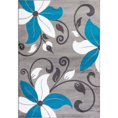 Fleurs turquoise/gris Tapis décoratif