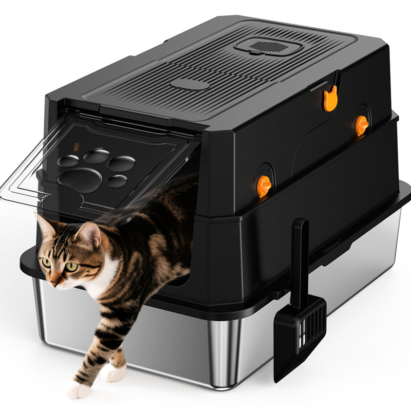 Bac à litière pour chat, acier inoxydable, odeur, haut, avec crochet de rangement, isolation en acier lavable, suspension