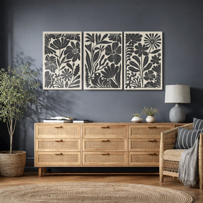 Abstract Botanical "Boho Black And Beige Floral Artwork, Mid-Century Modern Living Room Wall Pictures, Framed Canvas Giclée Print 3 Pieces Wall Art" 16"x24"x3 pcs, 24"x36"x3 pcs, 20"x60"x3 pcs