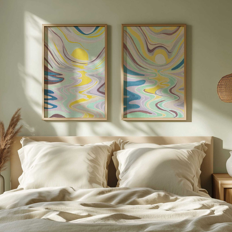 Ensemble de 2 imprimés Wavy Happy Flow, 36 po x 24 po, Impression encadrée, Brun Belvinder