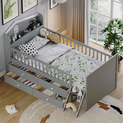 Cadre de lit simple avec rangement à 4 tiroirs, cadre de lit en bois pour enfants, lit plateforme simple avec tête de lit et échelle de garde-corps, aucun sommier requis, assemblage facile