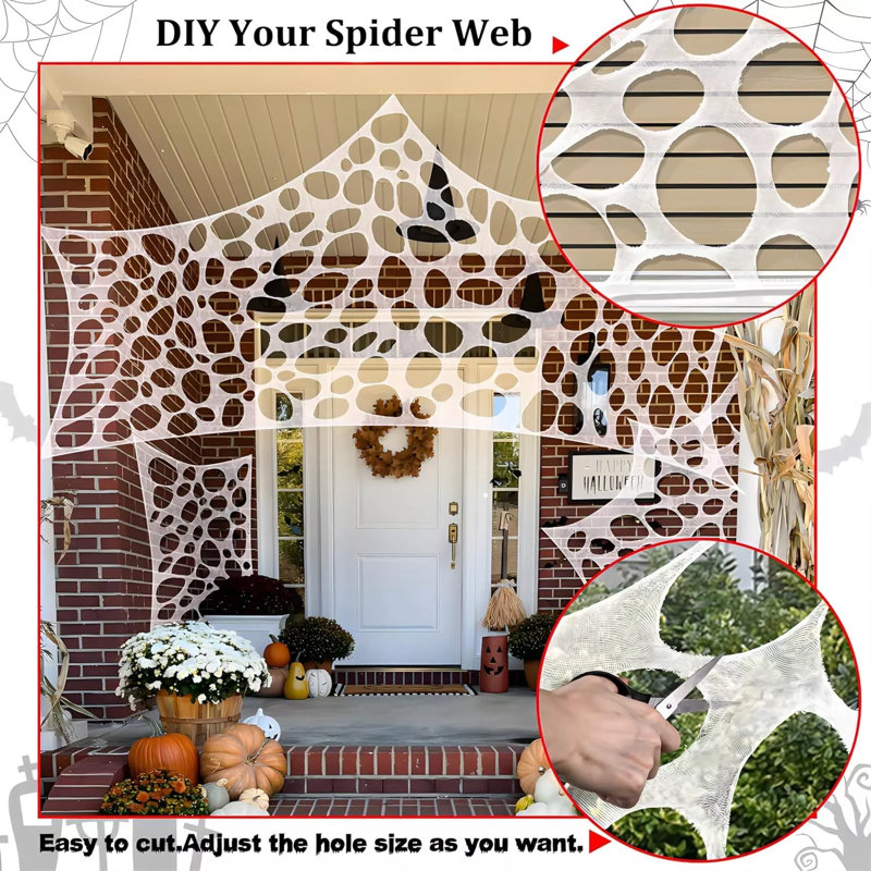 450 Sqft Spider Webs Gauze & 49in Spider Halloween Decorations Outdoor Stretchy Webs