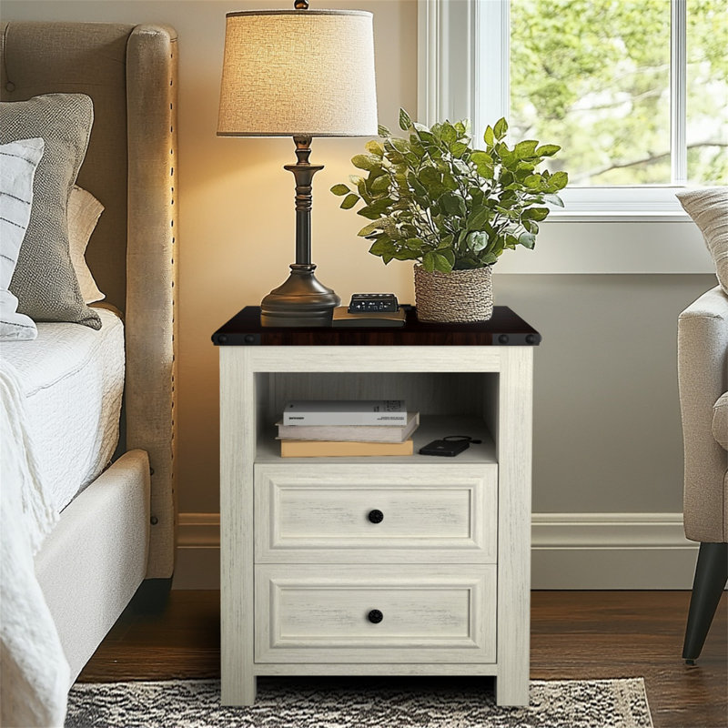 Nightstands With Charging Station, Rustic 18 Inch Bedside Table With 2 Storage Drawers And Open Shelf, White, Individual