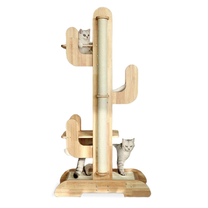 Minimalist Solid Wood & Hemp Rope Cactus Cat Tree for Home Use