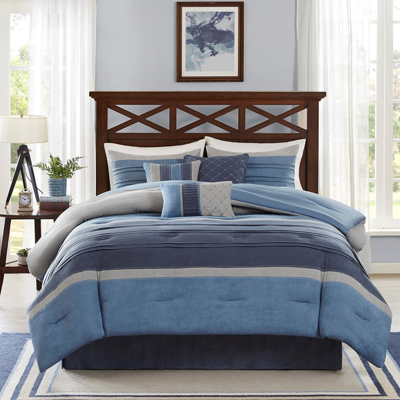 Édredon bleu marine 7 pièces - Oreillers décoratifs rembourrés et jupe de lit