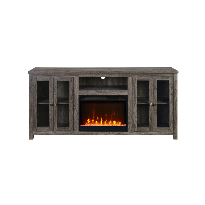 Meuble télé avec foyer chauffant, lumière DEL, armoires, tablettes Emerson, Gris