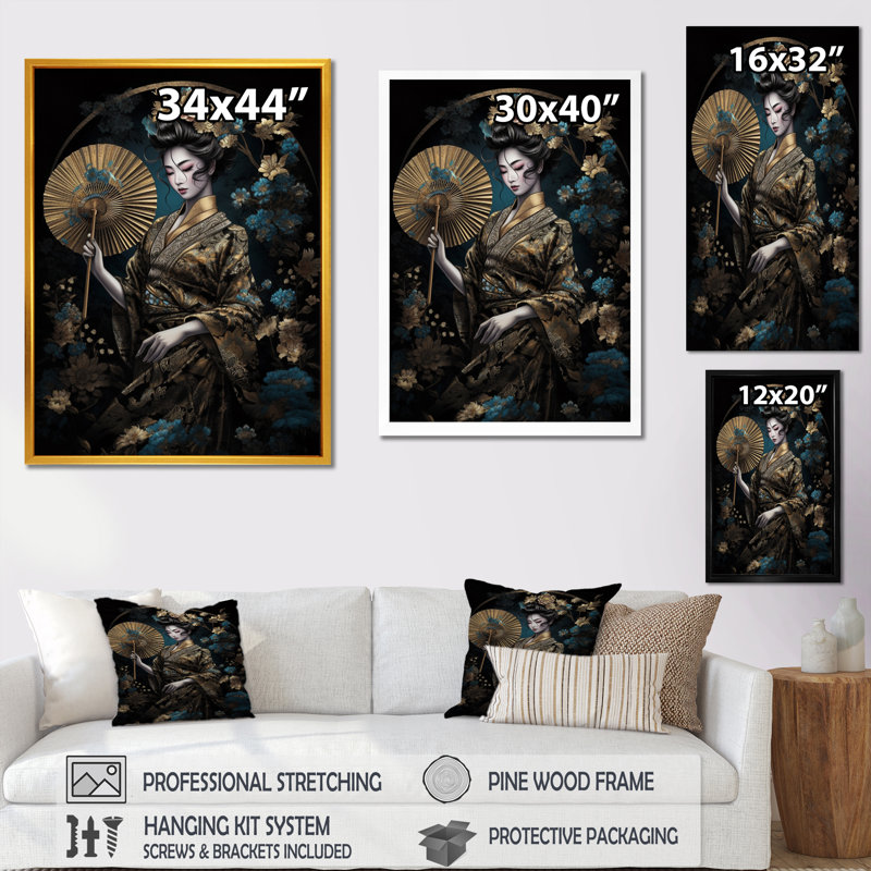 Élégante japonaise, art mural japonais, Encadrement doré, H 40 po x l 30 po x P 1,5 po
