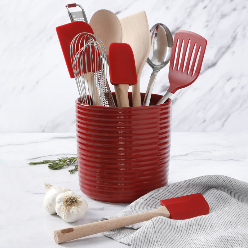 Red 10-Piece Wood and Silicone Kitchen Tool Set with Ceramic Crock