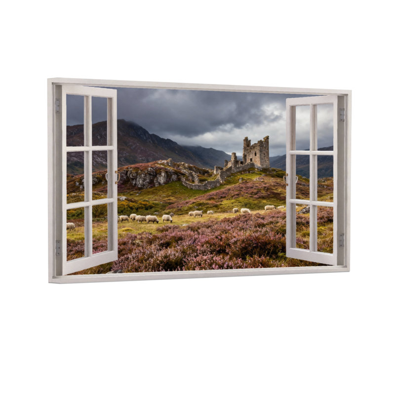 Paysage, nature, fenêtre ouverte, château, paysage de moutons, ciel bruyère, H 20 po x l 30 po