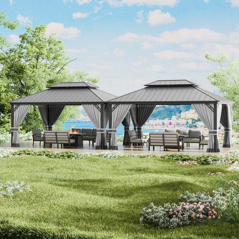 Pavillon de jardin en acier à toit rigide avec moustiquaire et toit ventilé, H 122 po x l 231 po x P 135,4 po, Gris