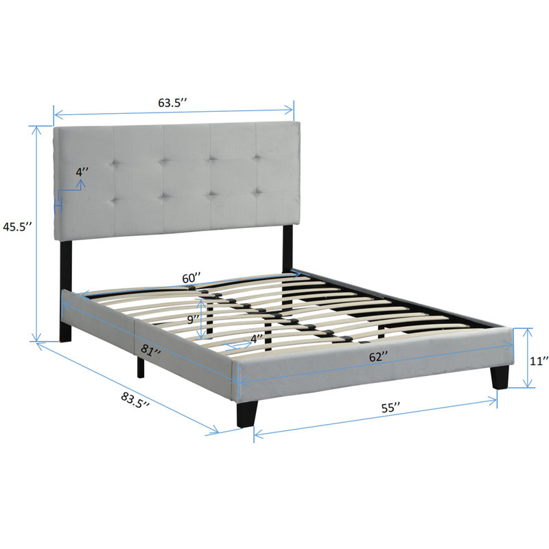 Structure de lit plateforme tapissier avec tête de lit capitonnée avec sommier à lattes en bois massif, sans sommier tapissier