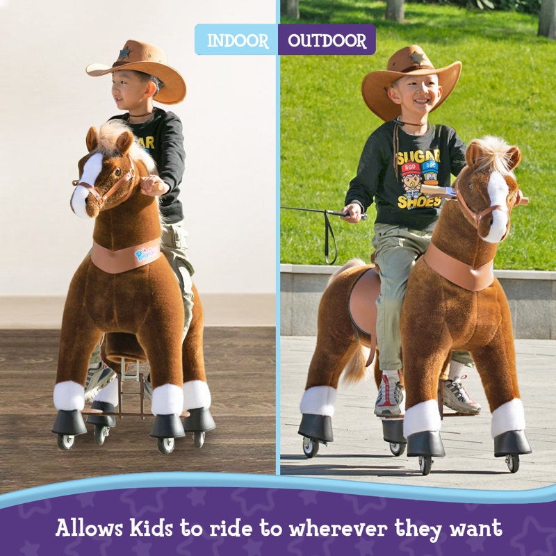 Large Brown Plush Ride-On Horse Toy with Brake for Kids