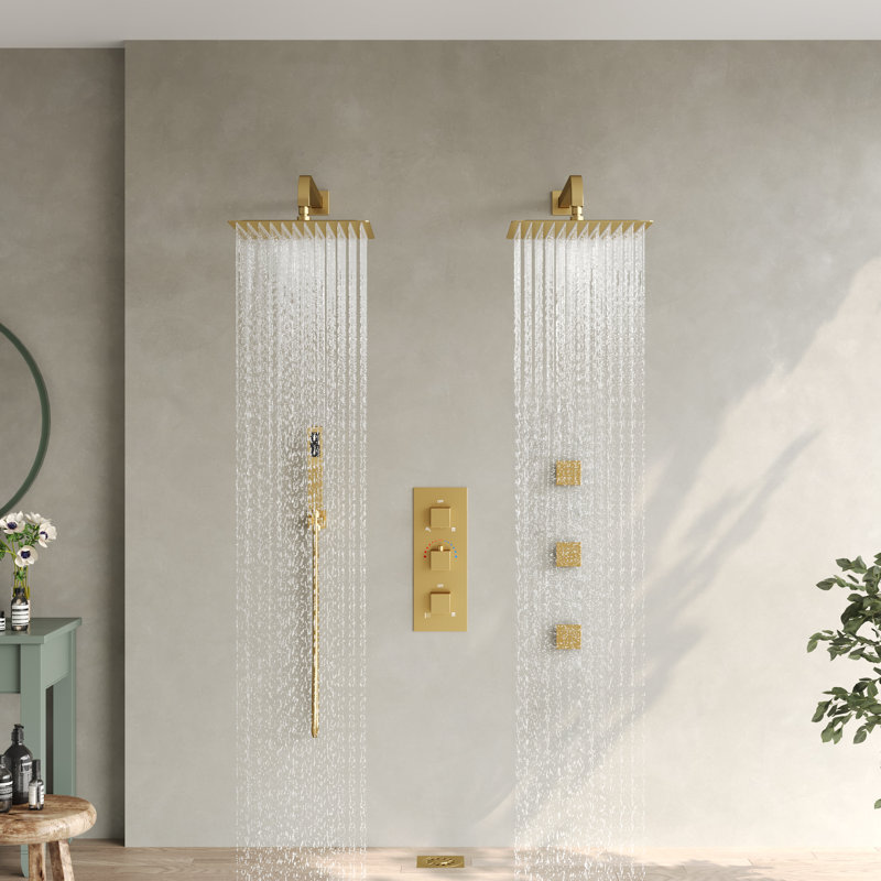 Wall‑Mounted Dual 12" Thermostatic Rain Shower System with Handheld Shower and Body Jets, Brushed Gold