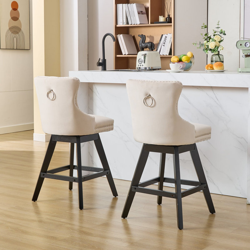 Swivel Velvet Barstools With Button Tufted Decoration, Wooden Legs, And Chrome Nailhead Trim, Set Of 2, Ideal For Comfort And Style