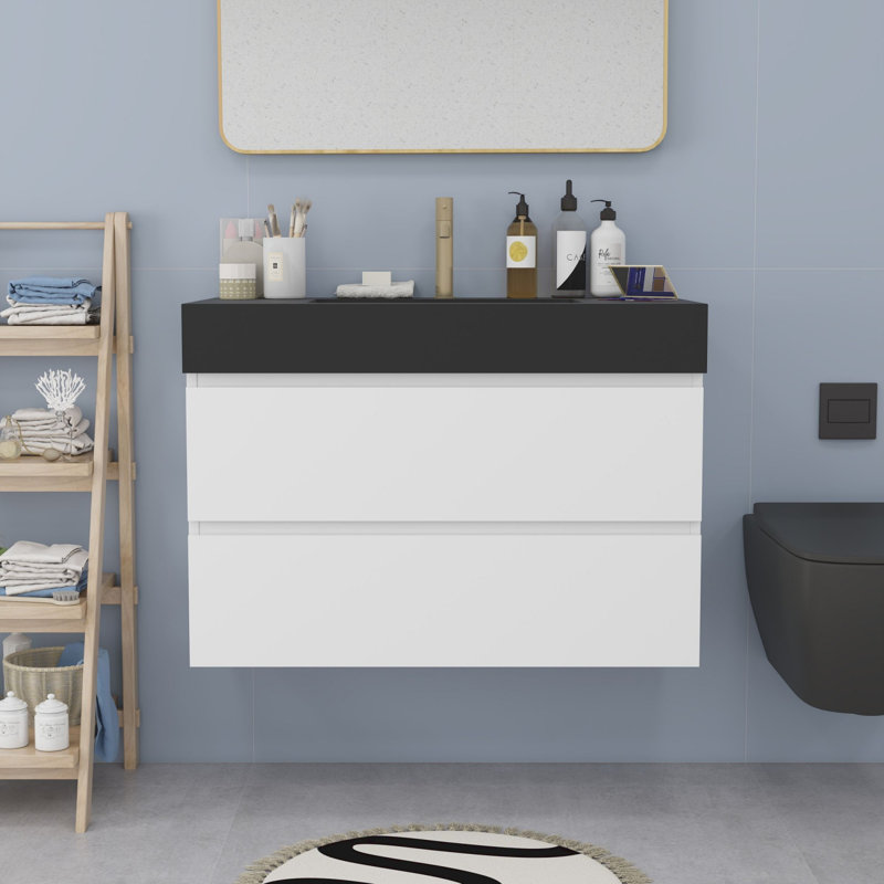 Meuble-lavabo moderne avec lavabo, Blanc, Noir, noir, noir, noir