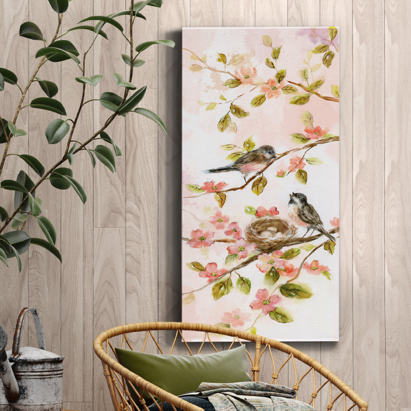 «Blush Birds II», peinture sur toile tendue, H 16 po x l 8 po x P 1 po