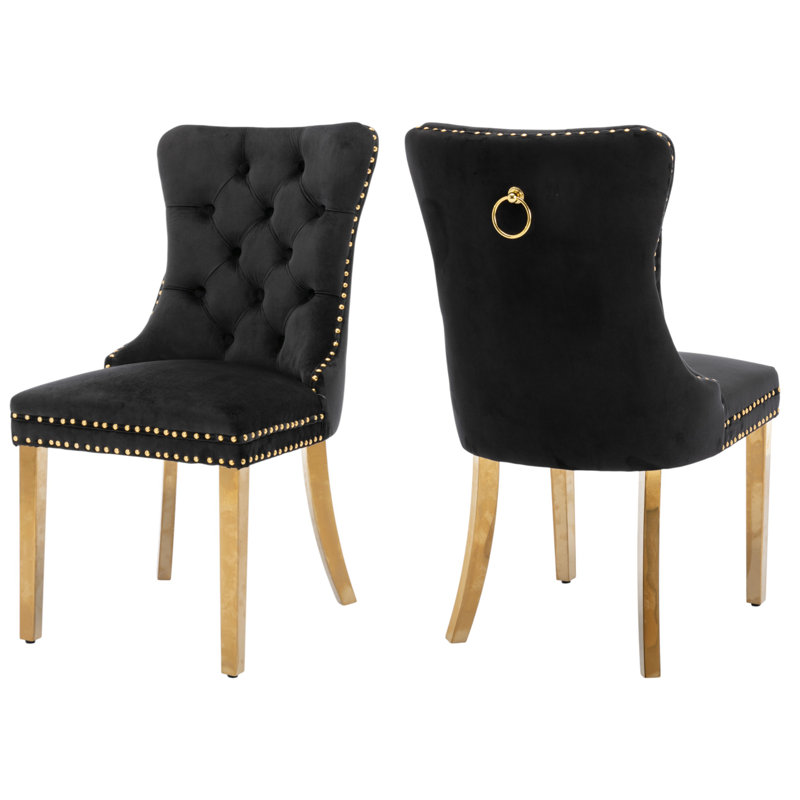 Tufted Velvet Wing Back Side Dining Chairs, Black, Mirror Gold