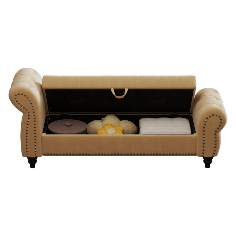 64.5" Bedroom Khaki Velvet Bench With Tufting And Storage Feature Seat Functionality, Khaki