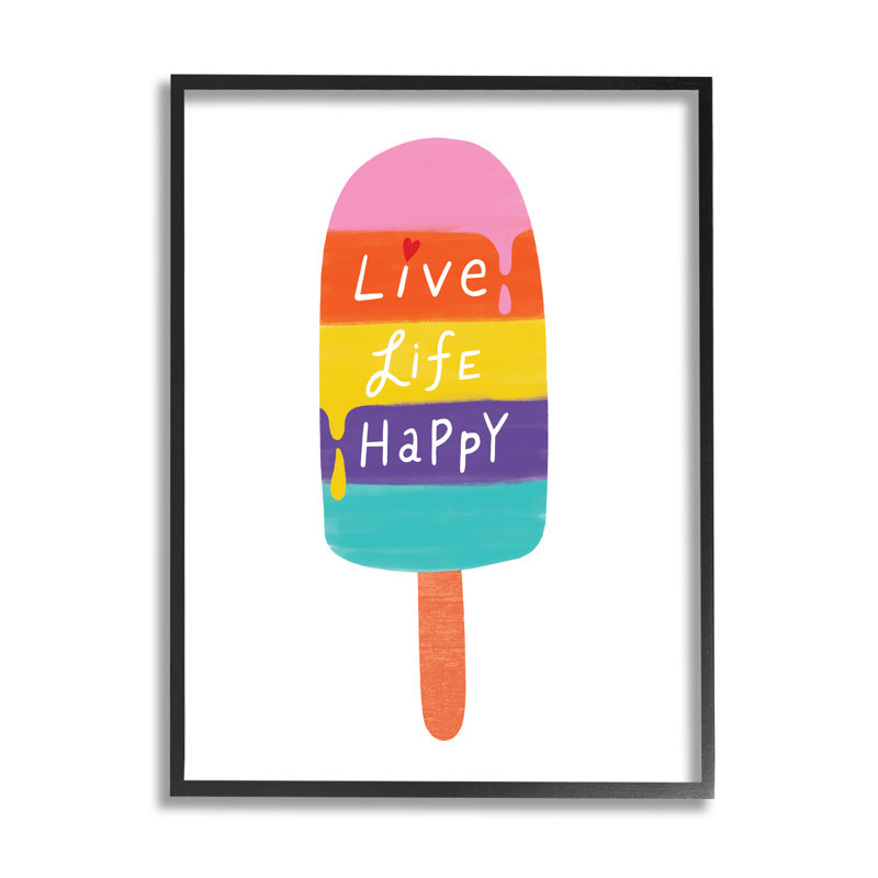 «Live Life» Happy Rainbow Stripe Popsicle Summer Illustration Gray Farmhouse, estampe numérique encadrée, art texturé par Nina Seven