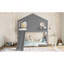 Lit superposé simple avec glissade et tablettes de rangement, lit mezzanine en bois massif avec fenêtre, conception enfantine, gris-129864945