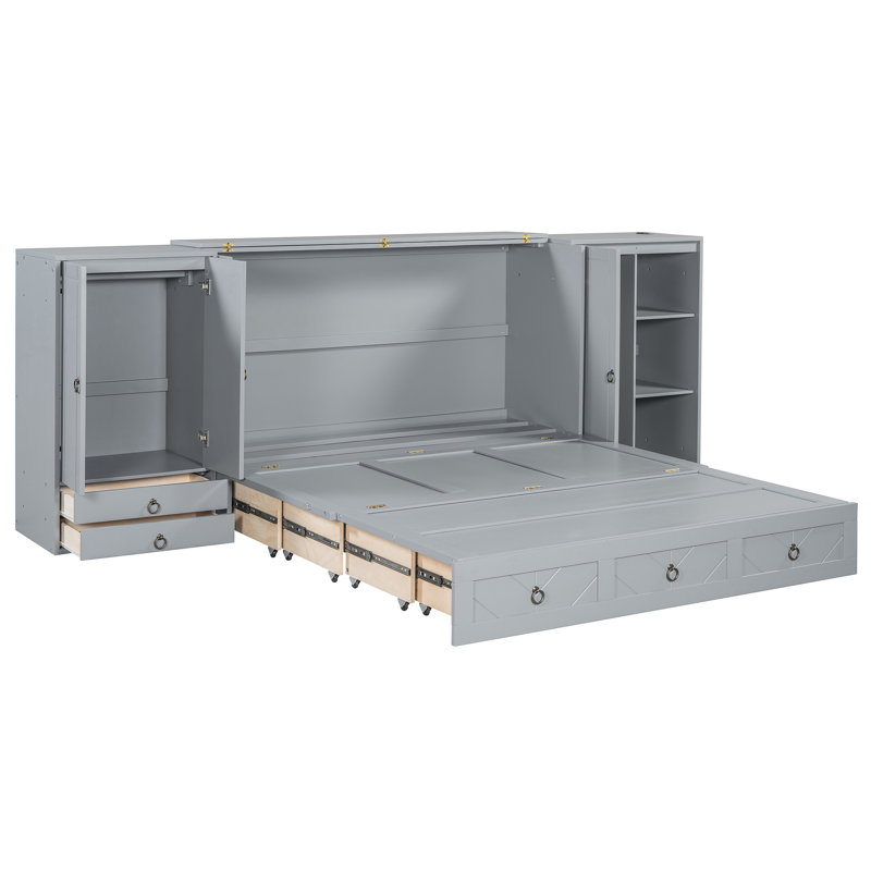 Grand lit, avec une grande surface et des tiroirs de rangement polyvalents, avec abat-jour et arrangement réfléchi, Gris