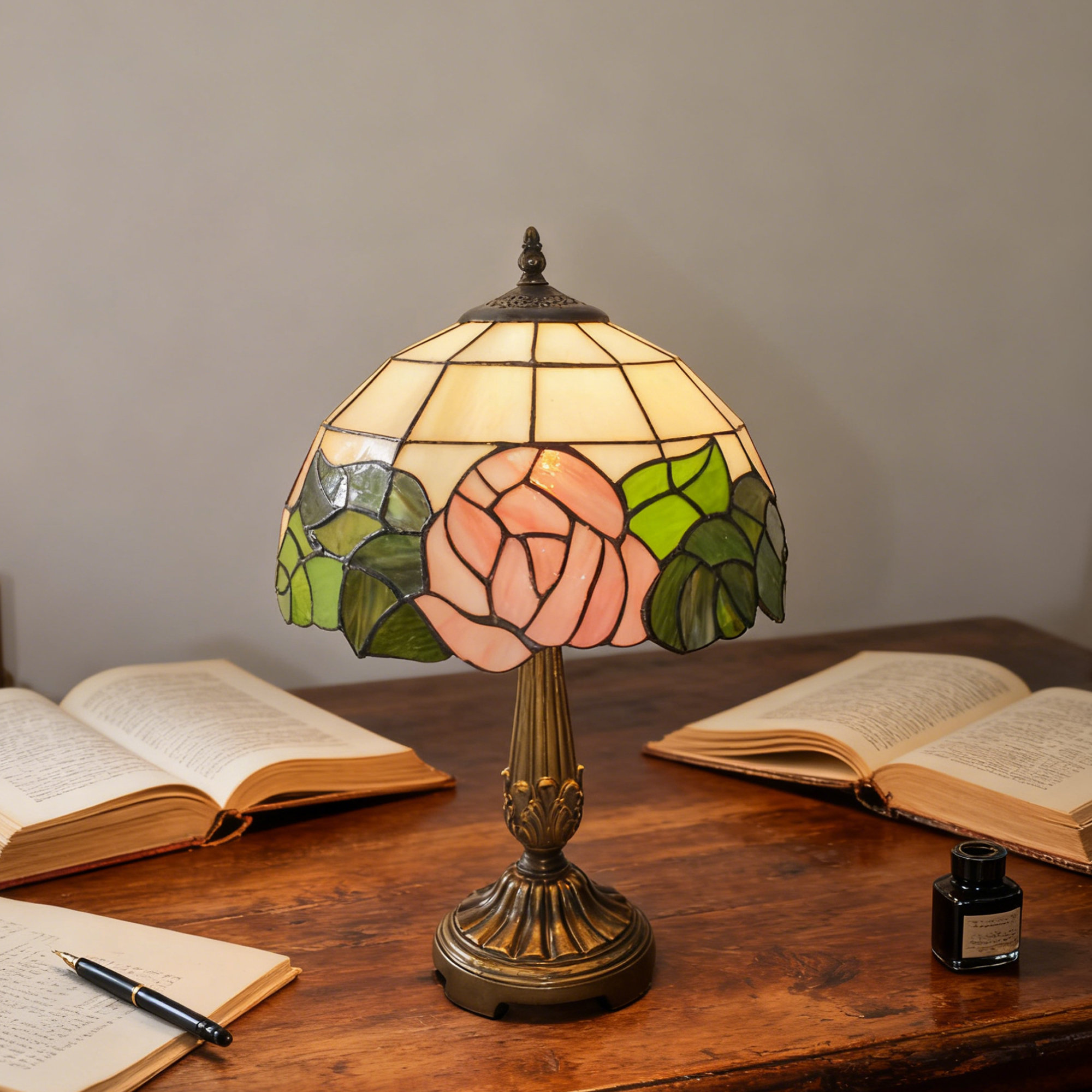 Bloomsbury Market 17 '' H Tiffany Style Table Lamp, Resin Base And Stained Glass Table Lamp, Floral Style Desk Reading Light | Wayfair