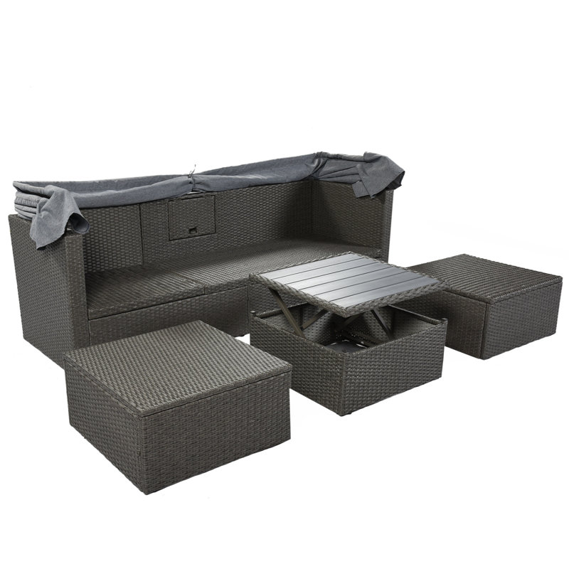 Outdoor Patio Rectangle Daybed With Canopy, Furniture Sectional Seating With Washable Cushions, Gray