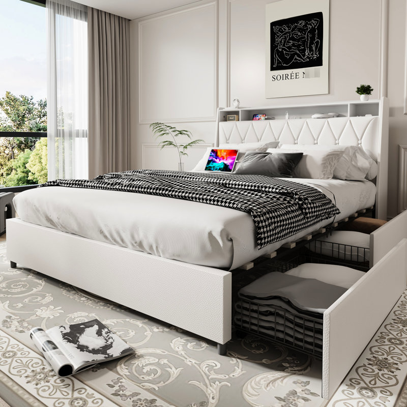 Cadre de grand lit ergonomique avec tablette de rangement et tête de lit en métal, White